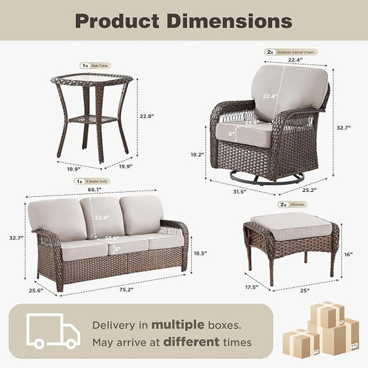 Belord Luxury Patio Furniture Set with 5-inch Thick Cushion, Outdoor Couch and High Back Swivel Rocker Patio Chairs, 6PCS Wicker Conversation Set for Deck Yard and Poolside,Beige