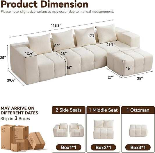 119" Boneless Couch, Oversized Cloud L Shaped Couch, Modular Sectional 4 Seater Sofa with Deep Seat, Modern Sectional Memory Foam Couches for Living Room, Tufted Sofa, No Assembly Required, Beige