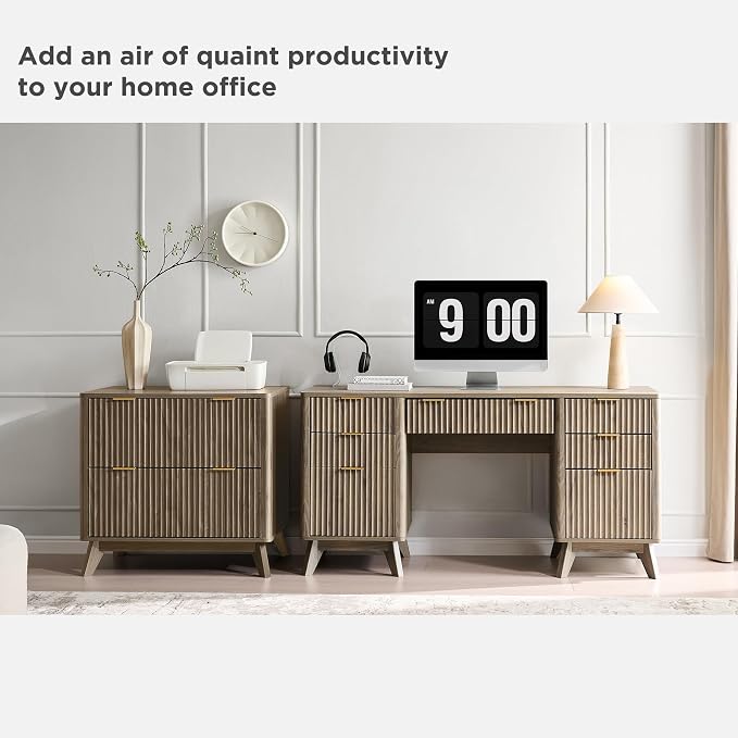 T4TREAM Fluted Executive Desk with Drawers, 60" Modern Home Office Computer Desk with Charging Station, File Cabinet, Keyboard Tray and Storage Cabinet for Study, Living Room, Bedroom, Alder Grey