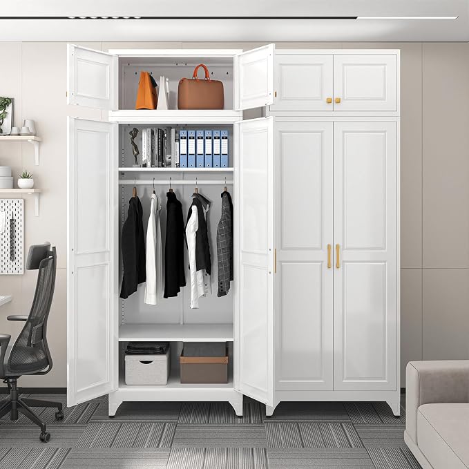SteeLoong 86" Metal Armoire Wardrobe Closet with Doors,White Tall Clothing Storage Cabinet with Adjustable Shelves and Hanging Rod,Wardrobe Closet for Bedroom,Home,Office,Gym