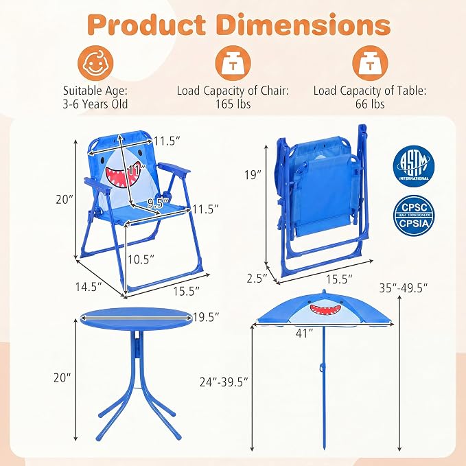 HONEY JOY Kids Picnic Table, Animal Themed Toddler Outdoor Table and Chair Set, 2 Folding Chairs & Removable Umbrella, Children Outdoor Furniture for Backyard Patio Garden (Navy Shark)
