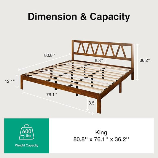 Novilla 12 Inch Solid Wooden King Size Bed Frame King Bed Frames with Headboard BedFrame Foundation No Box Spring Needed, Easy Assembly, Walnut