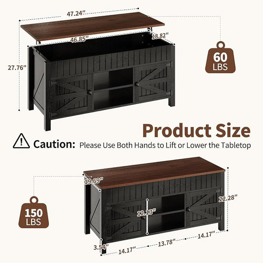 47.3" Lift Top Coffee Table with Storage - Black Coffee Tables for Living Room, Farmhouse Wood Center Table, Large Rectangle Middle Tables with Hidden Compartment & Adjustable Shelf