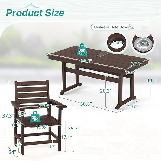7 Piece Patio Dining Set, 66" Rectangle HDPS Weather Resistant Outdoor Table & 6 Patio Chairs Set with 1.96" Umbrella Hole, Heavy Duty Chairs for Backyard Deck, Dark Brown