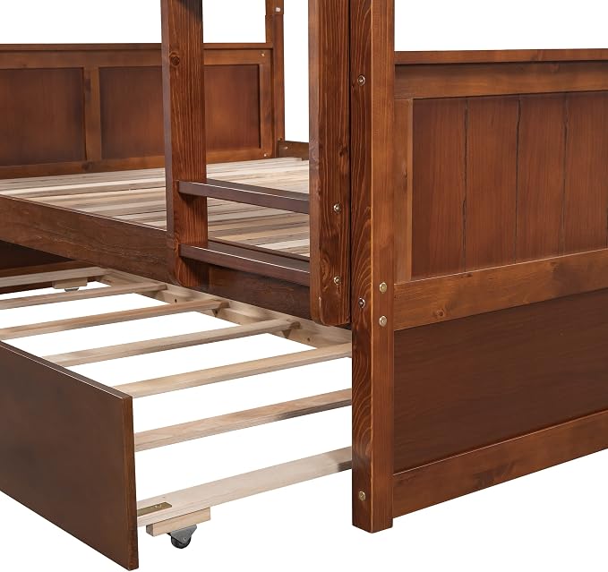 Merax Trundle Bunk Bed, Full Over Full Wood Bunk Bed with Twin Size Trundle, Guardrail and Ladder, Can be Separated into 2 Beds, Walnut