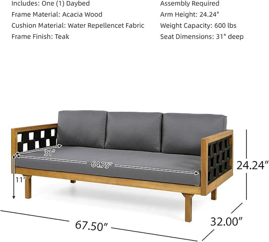 Merax Outdoor 3 Seater Daybed, Acacia Wood Patio Day Bed Couch Sofa with Cushions & Stylish Rope Weave Armrest, 67.5" L Outdoor Seating for Gardern Deck Porch Balcony, Dark-Grey