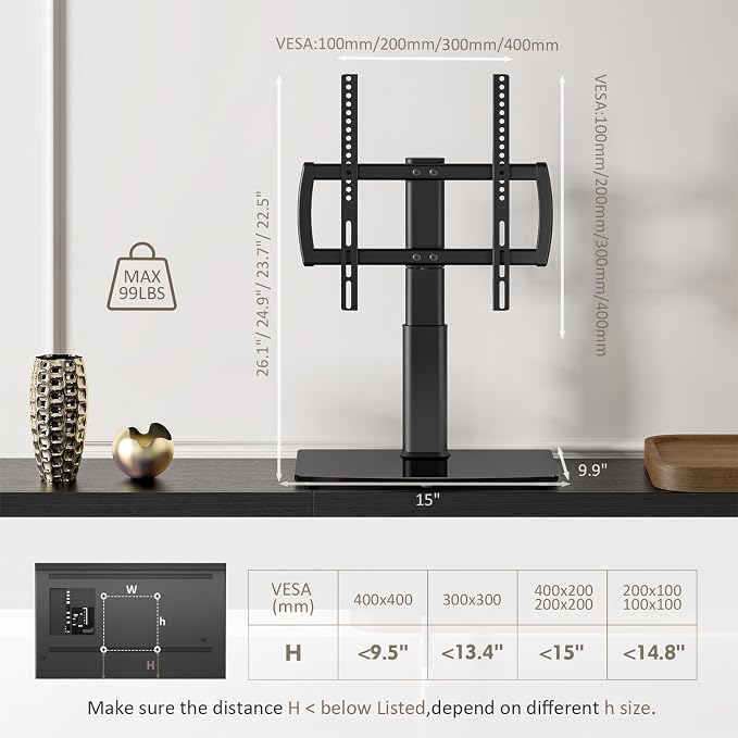 Universal Swivel/Table Top TV Stand 27 to 60 inch TVs 80 Degree Swivel, 4 Level Height Adjustable, Heavy Duty Tempered Glass Base, Holds up to 99lbs Screens, HT04B-001