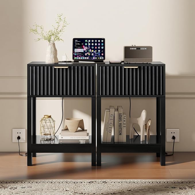 Nasonet Night Stand Set 2, Fluted Nightstand with Charging Station, Wood Bedside Table with Drawer & Storage Shelf, Modern End Tables for Bedroom Sofa Couch Office, Black