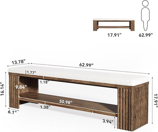 63" Solid Wood Entryway Bench, Farmhouse Upholstered End of Bed Bench with Removable Faux Lambswool Cushion and Fluted Legs, Indoor Long Ottoman for Bedroom, Entryway, Dark Brown
