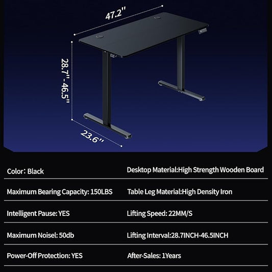 Shintenchi Standing Desk, Height Adjustable Electric Sit Stand up Desk, Ergonomic Rising Computer Table, 48x24 Inch Modern Lift Gaming Desk Workstation for Home Office, Black