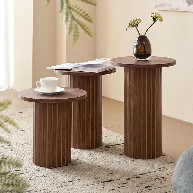 3-Piece Nesting Coffee Table Set, Modern Small Round Side Tables Fluted Drum Base, for Living Room Bedroom Apartment Small Space, Brown