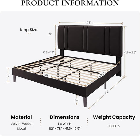 SHA CERLIN King Size Platform Bed Frame, Velvet Upholstered Bed with Adjustable Headboard, Vertical Channel Tufted Design, Sturdy Wood Slat Support, No Box Spring Needed, Easy Assembly, Black