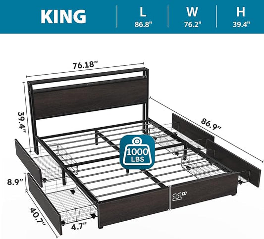 Kiivakii King Size Bed Frame with 4 Storage Drawers, LED Platform Bed with Headboard, Built in Charging Station, Noise-Free, Metal Support Base, No Box Spring Needed, Black