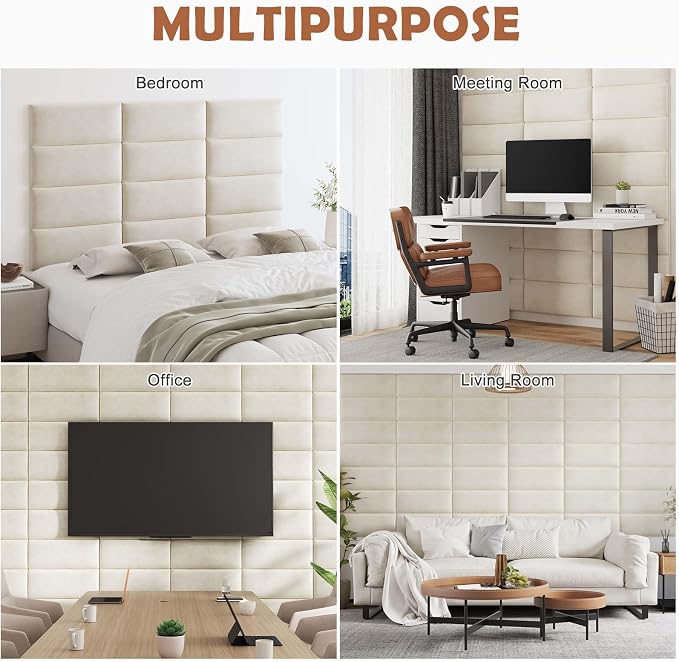 IFNOW Wall Mounted Upholstered Headboard King, 3D Peel and Stick Soundproof Panels, Reusable and Removable Padded Leather Bed Headboard, 12 Panels 9.84" x 23.62", Ivory White
