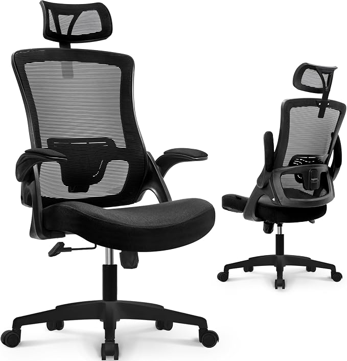 NEO Chair Office Desk Chair Gaming Computer High Back Support Mesh Comfy Seat with Adjustable Ergonomic Headrest Lumbar Rolling Flip-up Armrests and Wheels (Mesh Black)