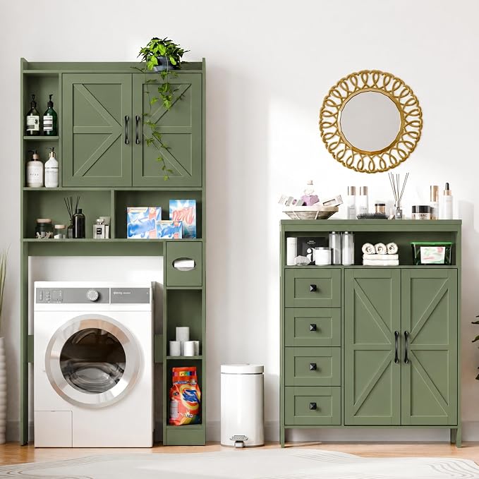 Vabches Farmhouse Storage Cabinet with 2 Doors and 4 Drawers, Freestanding Bathroom Compartment Kitchen Pantry Cabinet, Floor Cupboard for Kitchen/Living Room/Bathroom,Green