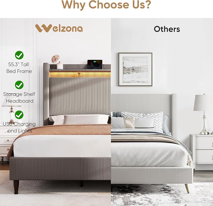 King Bed Frame with 55.3" Tall Headboard, Corduroy Upholstered Platform Bed with LED Lights & Charging Station, Wingback Storage Headboard, Solid Wood Slats,Noise Free,No Box Spring Needed,Gray Brown
