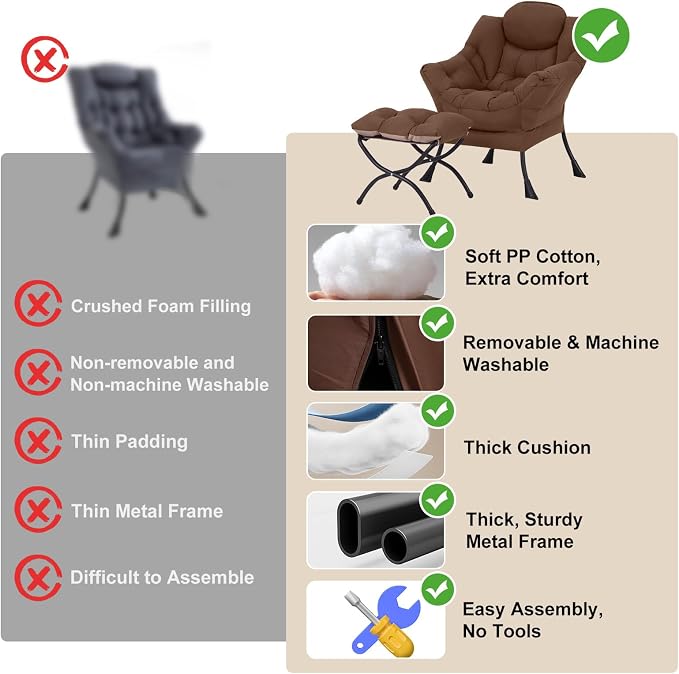 Furlide Lazy Chair with Ottoman, Modern Accent Chairs with Folding Footrest, Dark Brown Sofa Chair Set, Comfortable Reading Chairs, Oversized Armchairs for Bedroom, Study, Living Room, Courtyard