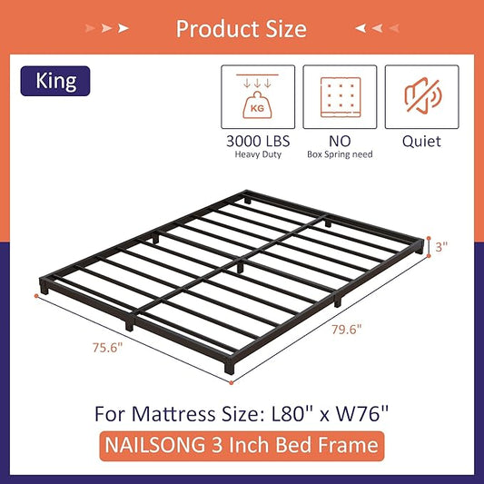 Nailsong 3 Inch Bed Frame King Size Low Profile, King Bed Frame No Box Spring Needed, Heavy Duty Metal, Easy Assembly, Black