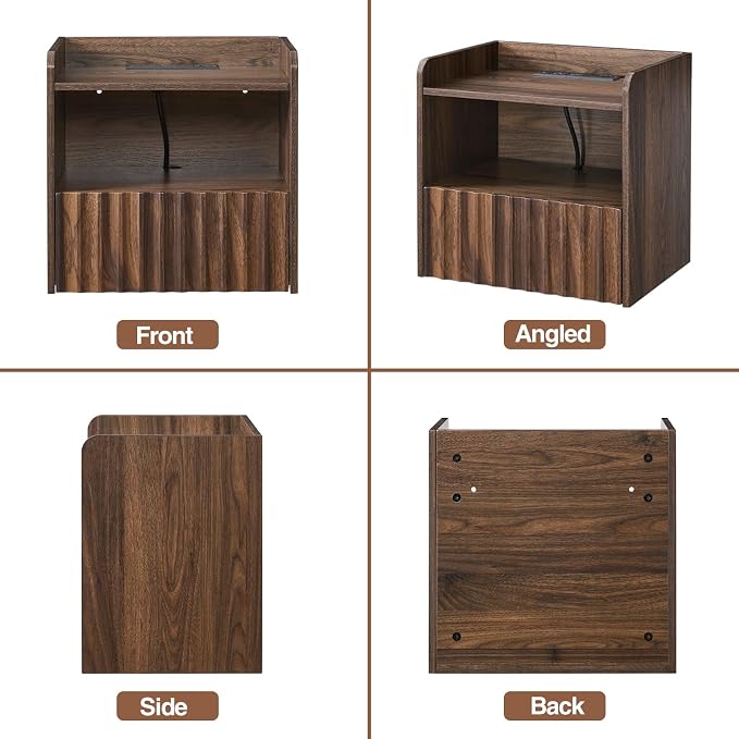BuildHom Modern Fluted Floating Nightstand Wall Mounted - Bedside Table with Storage Drawer & Display Shelf, Minimalist Bedroom Furniture for Studio Apartments(Walnut)