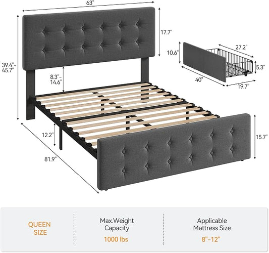 IDEALHOUSE Queen Size Bed Frame with 4 Storage Drawers and Headboard, Linen Upholstered Platform Bed Frame with Wooden Slats Support, Button Tufted Design, No Box Spring Needed, Dark Grey