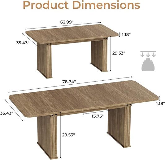 Zevemomo 63"-78.7" Expandable Dining Table, 6-10 Farmhouse Kitchen Table, Extendable Dining Table, Rectangular Table with Metal Track, Widened Wood Striped Legs for Dining Room, Office-Beige Brown