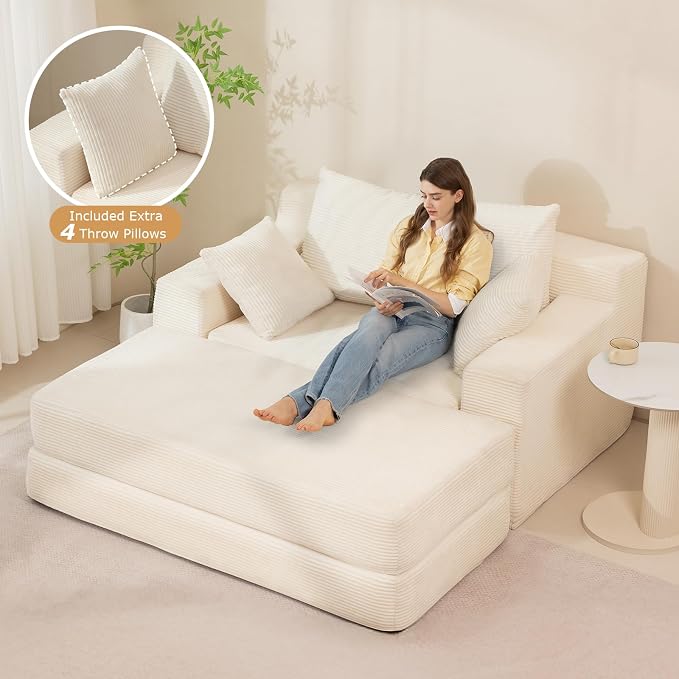 cidludto Convertible Futon Sofa Bed with Ottoman, 5 in 1 Folding Couch Bed Loveseat, Corduroy Boneless Couch with Deep Seat for Living Room Chaise Lounge Chair Indoor, No Assembly Required, Beige