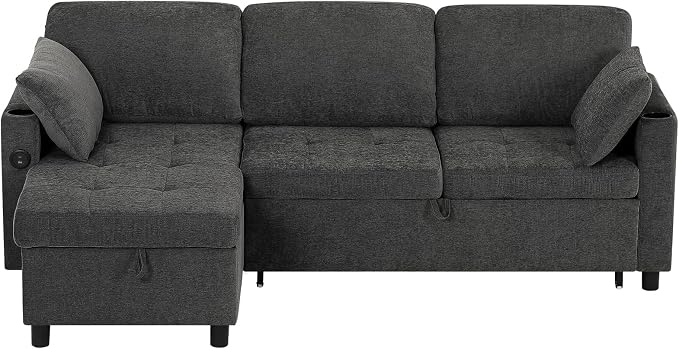 84" Fabric Sleeper Sofa Bed w/Adjustable Backrests, L-Shaped Sectional Sofa Bed w/USB Port & Thickened Cushions, Convertible Pull Out Couch Bed w/Storage Bags for Living Room, Grey
