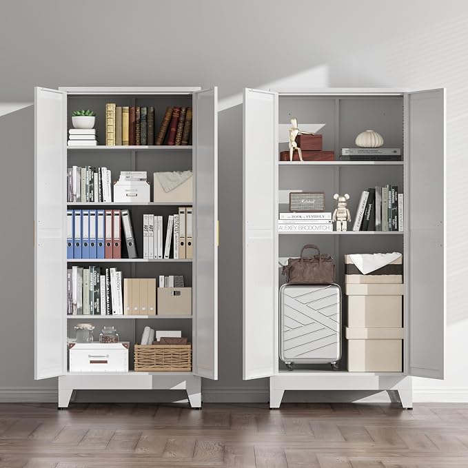 COFaR 5 Tier Metal Farmhouse Storage Cabinet with 2 Barn Door, 4 Adjustable Shelves and Legs, for Kitchen, Dining Room, Bathroom, Living Room, Office