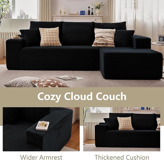 95.8" Cloud Sectional Couch with L-Shape Chaise, Modern Modular Comfy Sofa Chaise Longue, Upholstered Corduroy Couches Sleeper with Deep Seat for Living Room Bedroom, No Assembly Required, Black