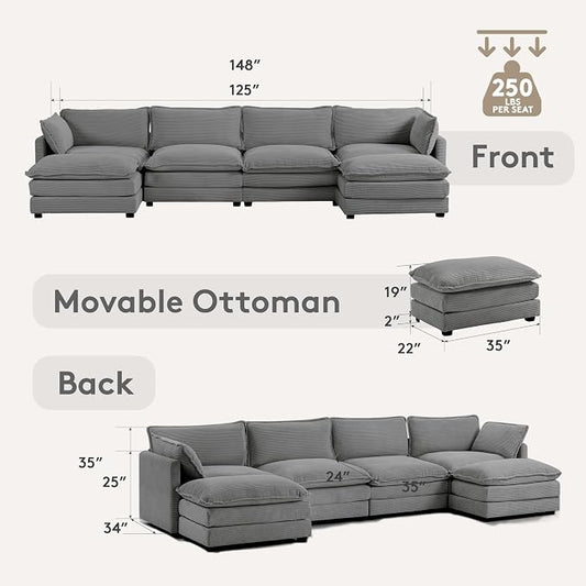 ROWHY 148'' Sectional Cloud Couch with 2 Ottomans, Oversized 4 Seat Sleeper Sofa with 2 Throw Pillows, Convertible Upholstered U Shaped Cozy Sofa Furniture Set for Living Room and Office, Dark Grey