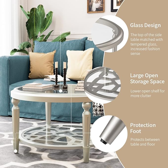 SUNBURY Glass Coffee Table, 32" Round Coffee Table, Glass Side Table, Lightweight Accent End Table for Living Room, Bedroom, Dinning