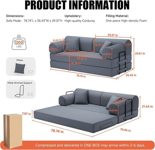 78.8" Boneless Memory Foam Couch, Corduroy Convertible Floor Sofa Bed, Fold-Out Sleeper Futon Loveseat, Wide Armrests & Supportive Back, 1200 lb, Couch in a Box, 2 Pillows, Dark Grey