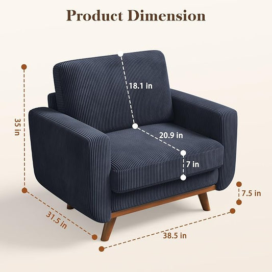 Vesgantti 38.5" Accent Chair Dark Blue, Comfy Corduroy Single Sofa Seat with Spring Cushion, Upholstered Armchair with Deep Seat, Reading Chair for Adults, Modern Sofa for Living Room, Bedroom