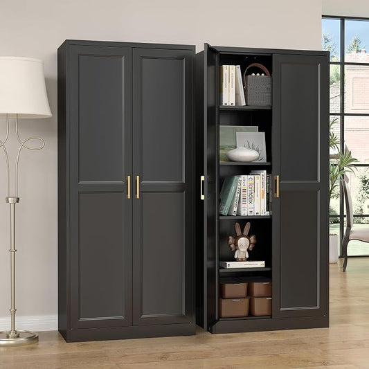 SteeLoong Kitchen Pantry Cabinet,71”Black Metal Pantry Storage Cabinet with Doors and 4 Adjustable Shelves,Kitchen Cabinet with 2 Gold Handles,Tall Cabinet for Livingroom,Pantry, Bathroom