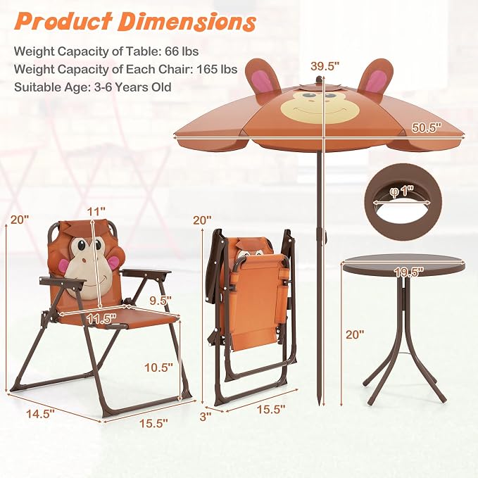 HONEY JOY Kids Picnic Table, Animal Themed Toddler Outdoor Table and Chair Set, 2 Folding Chairs & Removable Umbrella, Children Outdoor Furniture for Backyard Patio Garden (Brown Monkey)