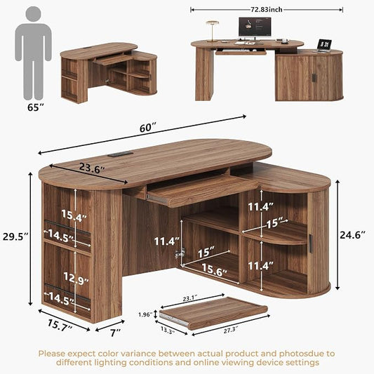 HSH Office L Shaped Computer Desk with Storage Cabinet, Reversible Corner L Desks with Keyboard Tray and Open Shelf, Home Office Executive Desk with Power Outlet for Study Workstation, Walnut 60 Inch