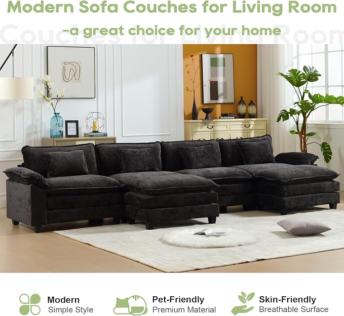 Oprisen 154" Modular Sectional Sofa, Comfy Cloud Couch Sectional Sofa with Ottoman, Chenille Sofa Sleeper Deep Seat Sofa with Throw Pillows for Living Room (Black, 154"- U Shape)