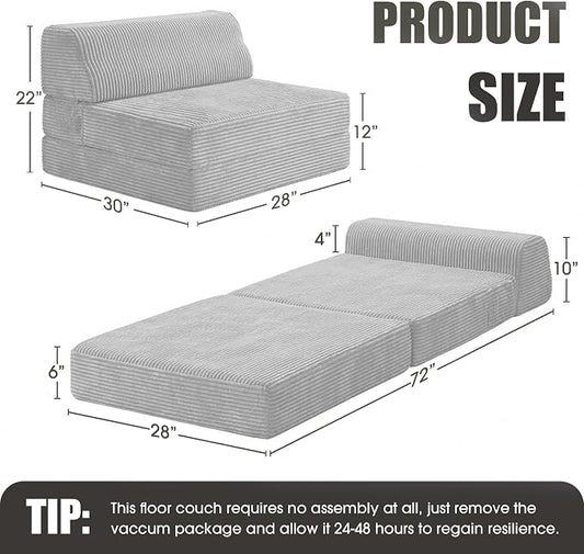 Kasunpul Folding Sofa Bed with Pillow, Memory Foam Fold Out Chair Bed, Convertible Sleeper Chair with Washable Cover, Futon Floor Couch for Living Room/Dorm/Guest Use/Home Office/Apartment, Light Grey