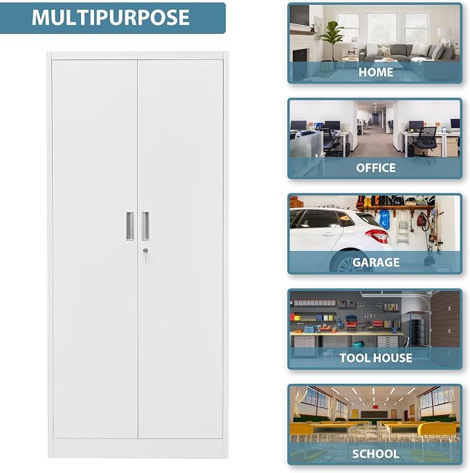Wanfu Metal Storage Cabinet, 71”H Locking Storage Cabinet with 5 Adjustable Shelves, Steel Cabinets for Garage, Home, Office, Pantry (White)