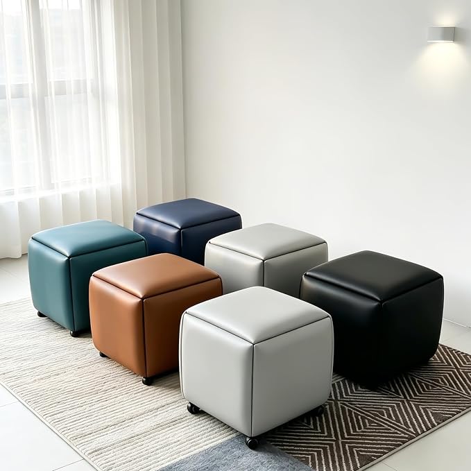 5 in 1 Nesting Ottoman Cube Chair, Stackable Stools, Leather Square Ottoman Bench, Foot Stool with Wheels for Living Room,Dining Room 15.75x15.75x16.54 inches