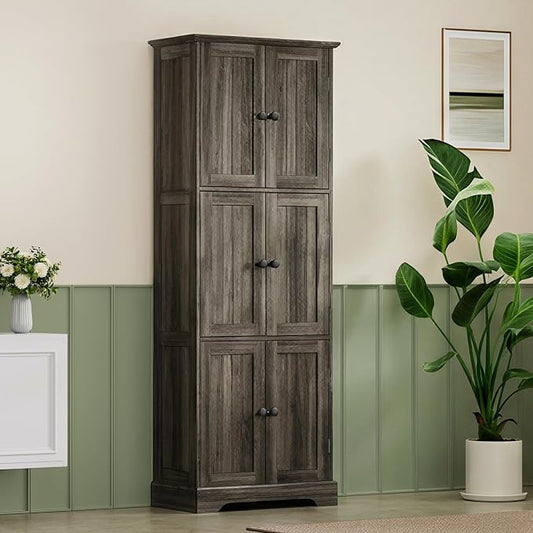 ChooChoo Tall Bathroom Storage Cabinet with 6 Doors, Freestanding Floor Cabinet with Adjustable Shelves, Rustic Weathered Gray Pantry Cabinet for Bathroom, Kitchen, Laundry Room