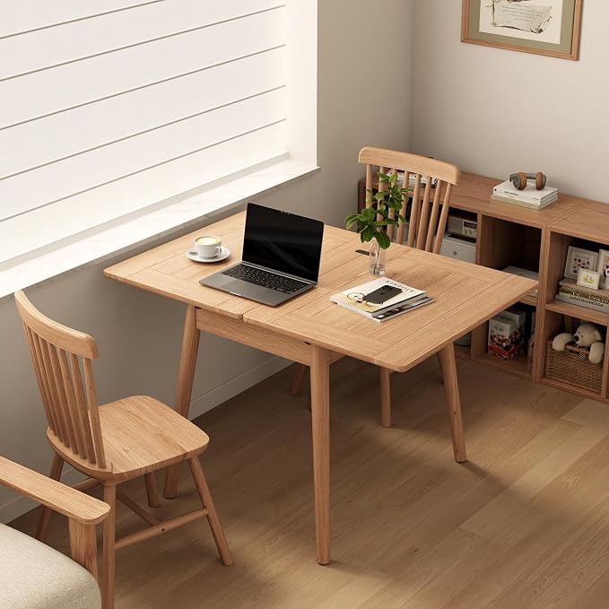 Solid Wood Small Dining Table, 23.6"L-47.2"L Expandable Kitchen Table for 2-6, Designed for Small Spaces, Easy Assembly, Suitable for Kitchen, Dining Room, Living Room, Apartment (Natural)