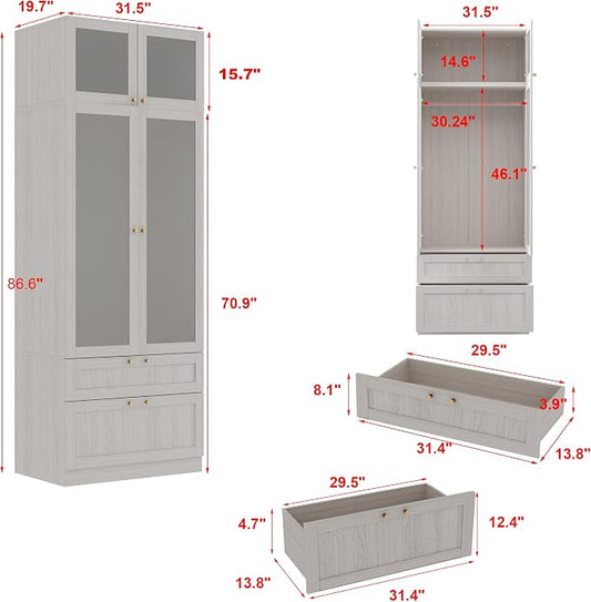 MOUMON Tall Wardrobe with Drawers, Modern Bedroom Armoires with Frosted Glass Doors and Hanging Rod, Armoire Wardrobe Closet with Gold Knobs, Wood Grain 31.5" W x 19.9" D x 86.6" H
