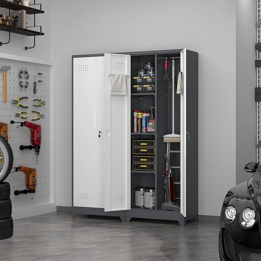 65" H Metal Garage Storage Cabinets with Doors and Shelves, Locking Cabinet, Broom Closet Storage Cabinets with Hanging Rod, Functional Tool Cabinet for Home, Garage, Kitchen