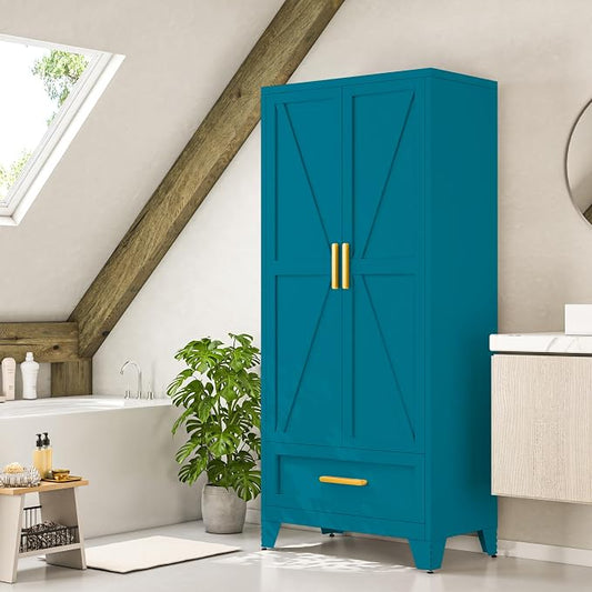 Baborokic Metal Wardrobe Cabinet,71 Armoire Wardrobe Closet with Drawers and Hanging Rod,Metal Armoire with Adjustable Shelves for Closet,Bedroom,Farmhouse Storage Cabinet with Drawer(Blue)