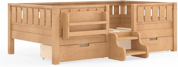 Bellemave Twin Size Kids Bed with high Rails and with Built-in Bookshelf and Drawers for Kids, Girls, Boys, Wood Montessori Bed Without Door, Light Natural