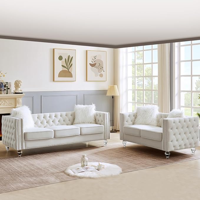 60" Chesterfield Sofa, Velvet Mid-Century Modern Upholstered Loveseat Sofa with 2 Throw Pillows and Acrylic Legs, Nailhead Button Tufted Vintage Couch for Living Room, Apartment, Beige