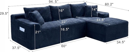 95" L-Shaped Right Facing Cloud Sectional Couch for Living Room, Modular Compressed Boneless Sectional Sofa Corduroy Boneless Corner Foam Sofa W/Chaise Lounge and Pillows