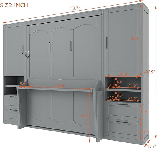 Merax Queen Size Murphy Bed with Desk, Space-Saving Wall Bed Frame with Closet, Drawers and Shelves, Foldable Platform Bed for Small Spaces Studio Study Office Guest Room, Gray